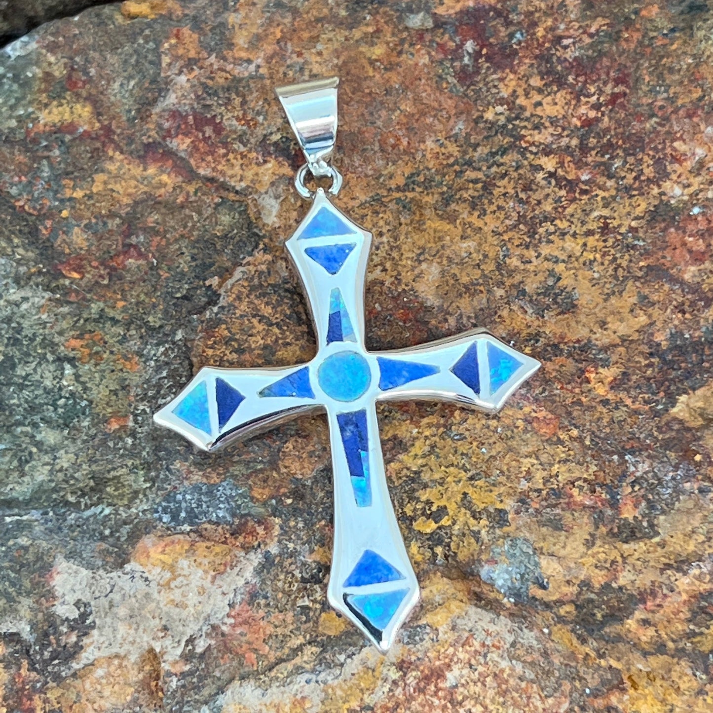 David Rosales Blue Sky Inlaid Sterling Silver Pendant Cross