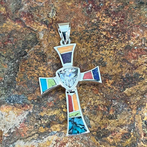 David Rosales Indian Summer Inlaid Sterling Silver Pendant Cross w/ Cubic Zirconia