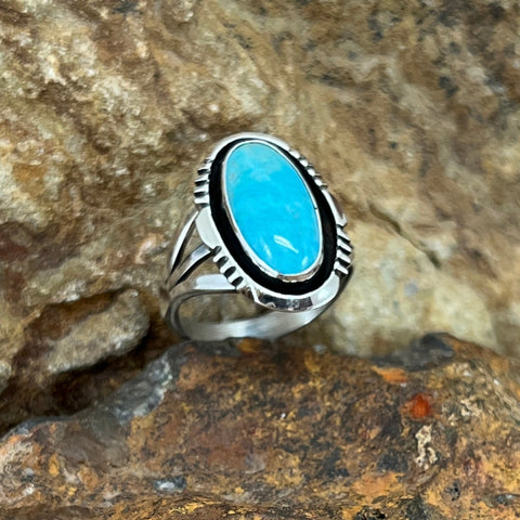 Kingman Turquoise Sterling Silver Ring by Wil Denetdale - Size 7.5