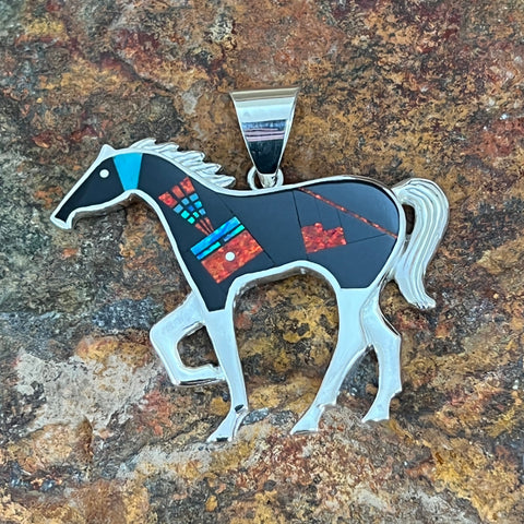 David Rosales Red Moon Fancy Inlaid Sterling Silver Pendant Horse