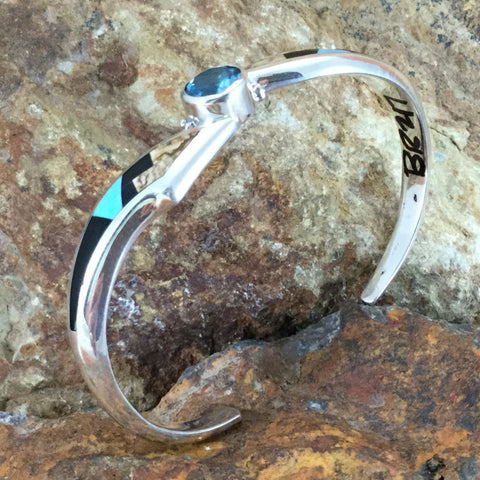 David Rosales Turquoise Creek Inlaid Sterling Silver Bracelet w/ Blue Topaz
