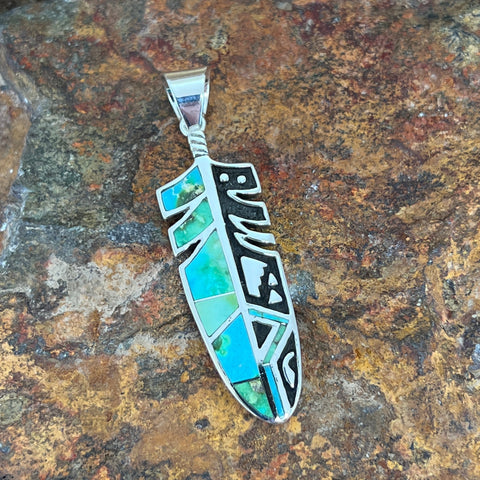 David Rosales Sonoran Gold Turquoise Inlaid Sterling Silver Pendant Feather
