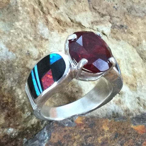 David Rosales Red Moon Inlaid Sterling Silver Ring w/ Red Garnet
