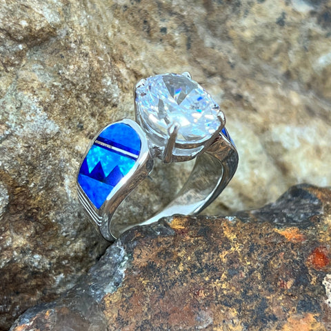 David Rosales Blue Sky Inlaid Sterling Silver Ring w Cubic Zirconia