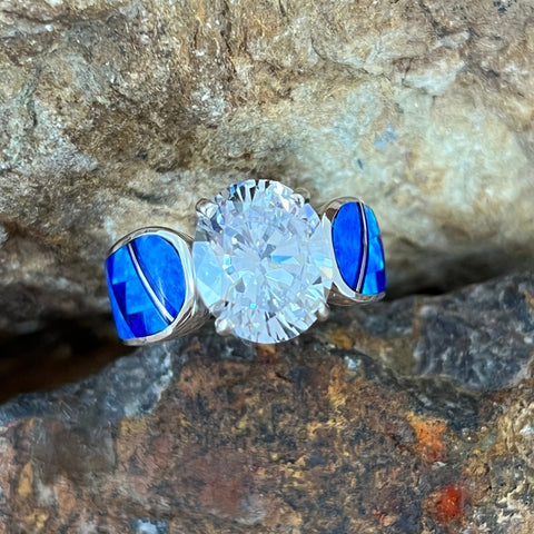 David Rosales Blue Sky Inlaid Sterling Silver Ring w Cubic Zirconia