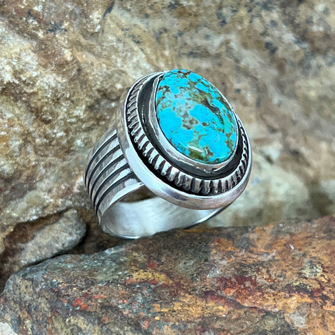 Turquoise Mountain Sterling Silver Ring by Leonard Nez Size 8.5
