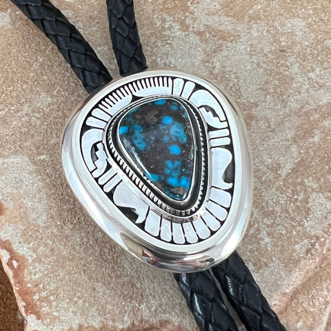 Ithica Peak Turquoise Sterling Silver Leather Bolo Tie by Leonard Nez