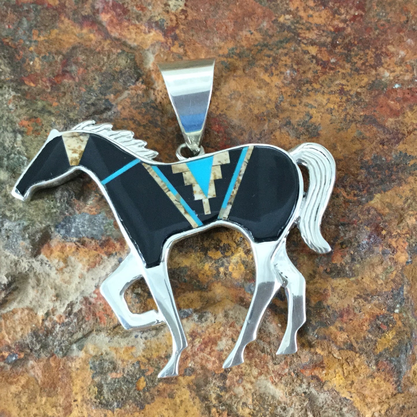 David Rosales Turquoise Creek Fancy Inlaid Sterling Silver Pendant Horse