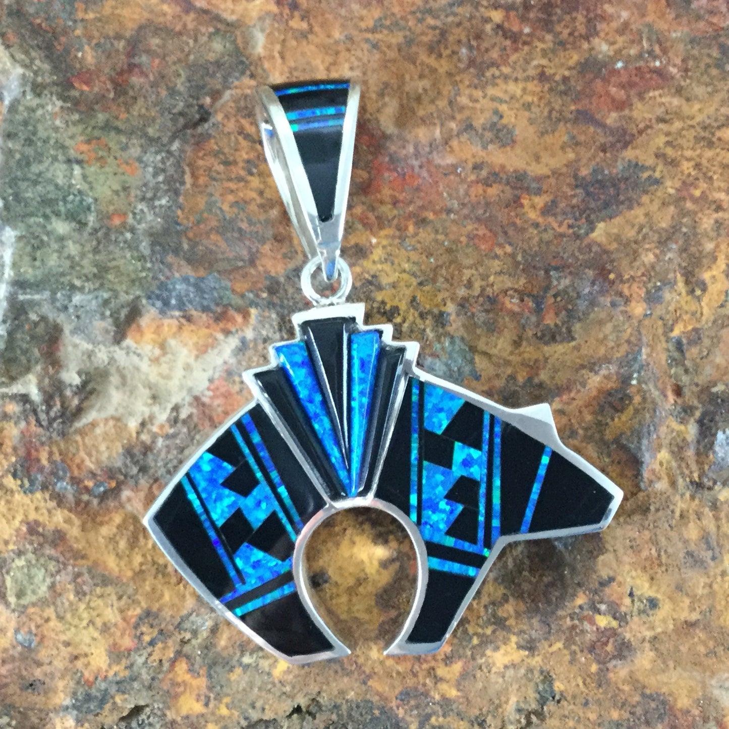 David Rosales Indian Summer Inlaid Sterling Silver Pendant Bear Reversible