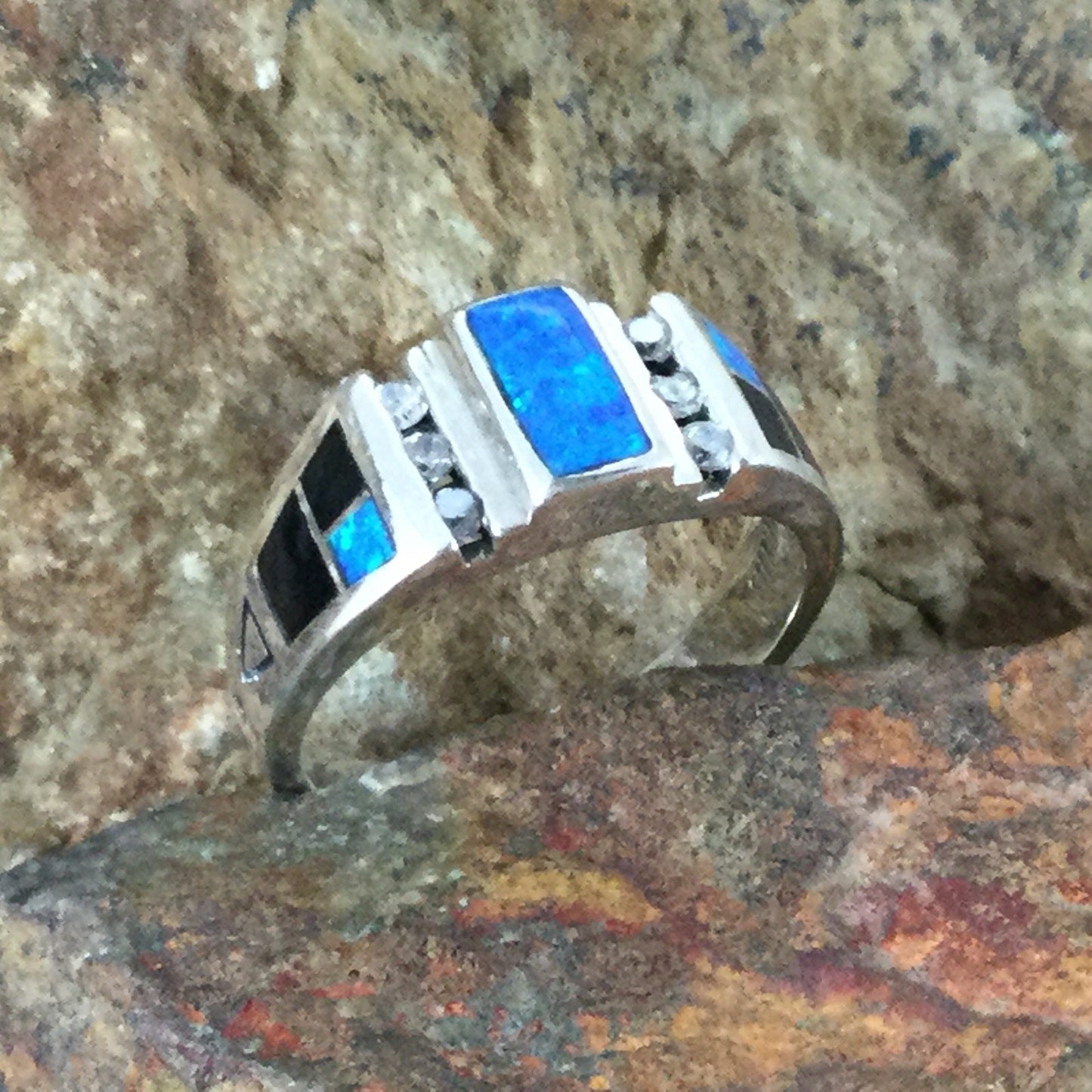 David Rosales Black Beauty Inlaid Sterling Silver Ring w Cubic Zirconia