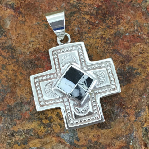 David Rosales White Buffalo Inlaid Sterling Silver Pendant Cross
