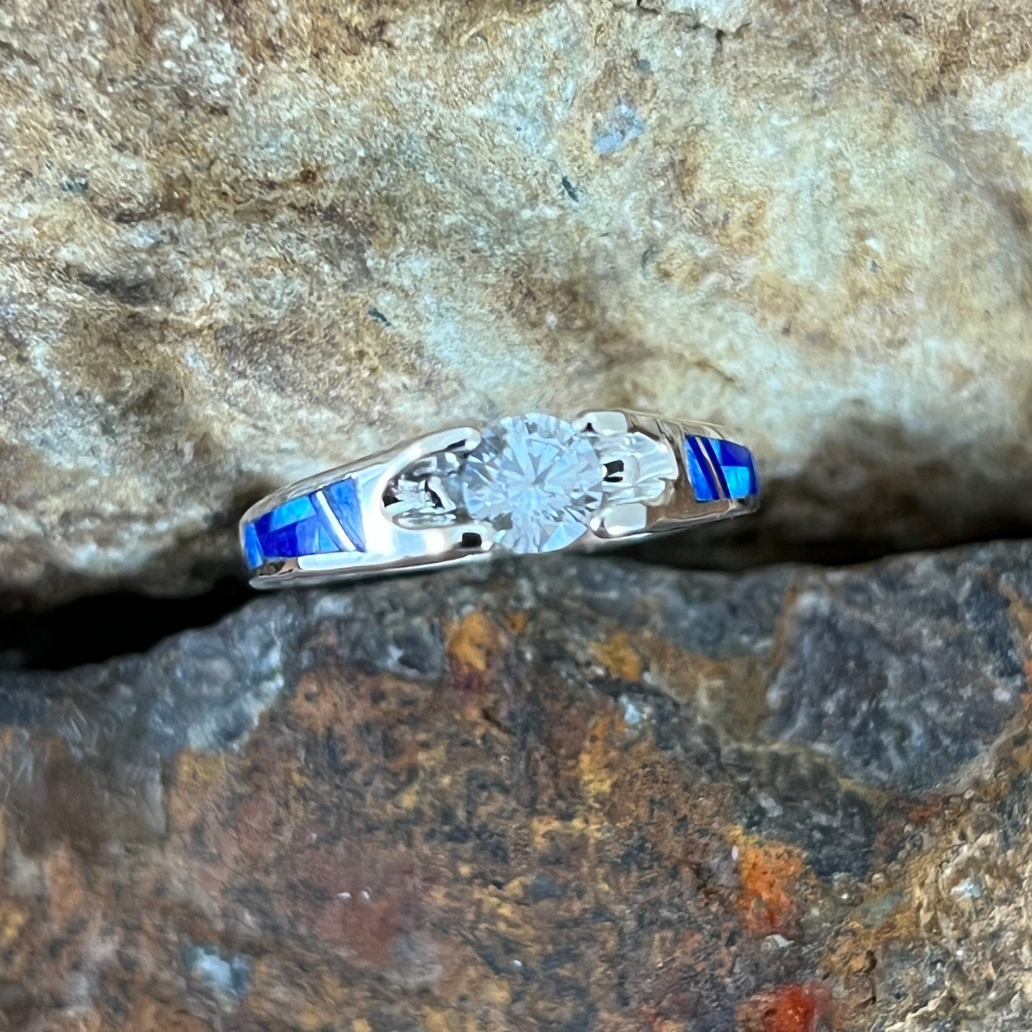 David Rosales Blue Sky Fancy Inlaid Sterling Silver Ring w/ Cubic Zirconia