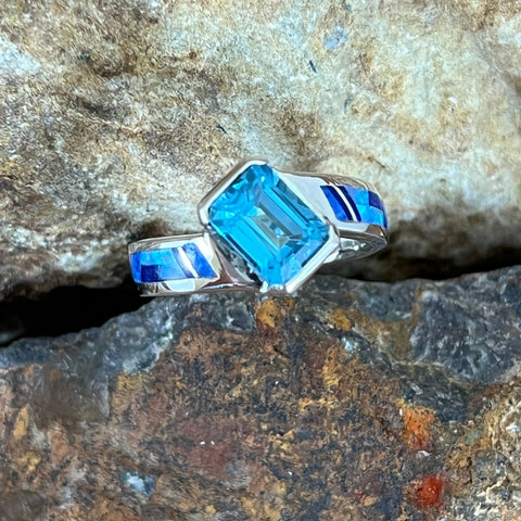David Rosales Blue Sky Inlaid Sterling Silver Ring w/ Blue Topaz