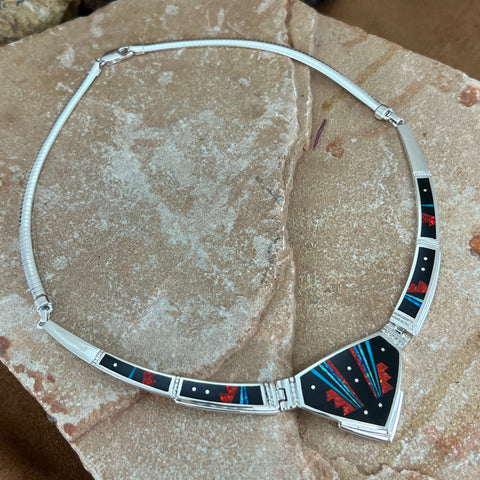 David Rosales Red Moon Inlaid Sterling Silver Necklace