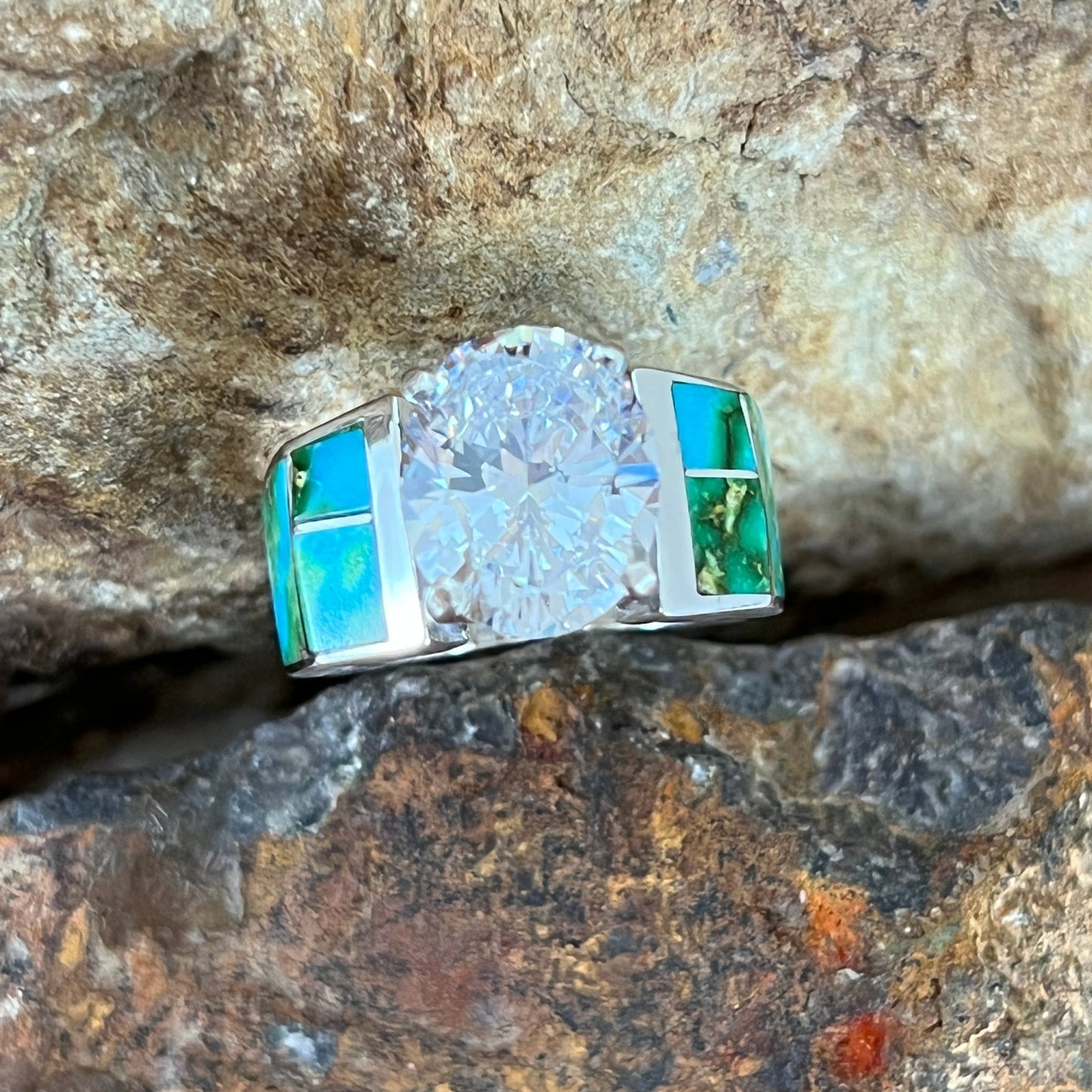 David Rosales Sonoran Gold Inlaid Sterling Silver Ring w/ Cubic Zirconia