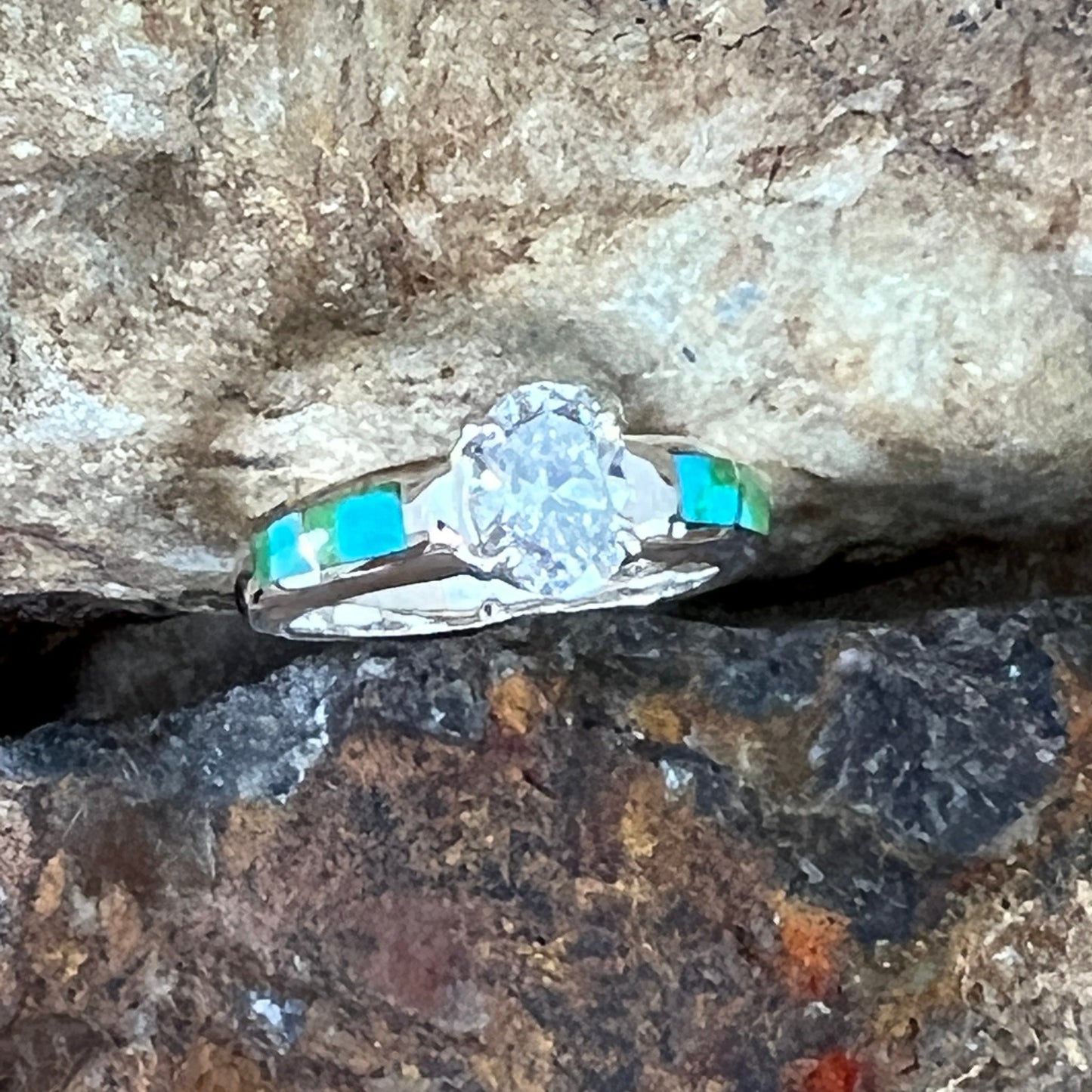 David Rosales Sonoran Gold Turquoise Inlaid Sterling Silver Ring w/ CZ