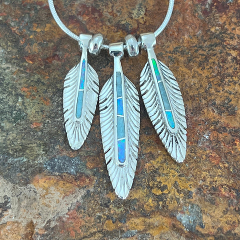 David Rosales Amazing Light Inlaid Sterling Silver Necklace Feathers
