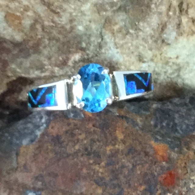 David Rosales Black Beauty Inlaid Sterling Silver Ring w/ Blue Topaz