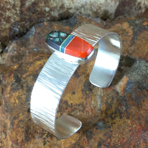 Rosarita, Turquoise, Chalcedony Inlaid Sterling Silver Bracelet by Duane Maktima