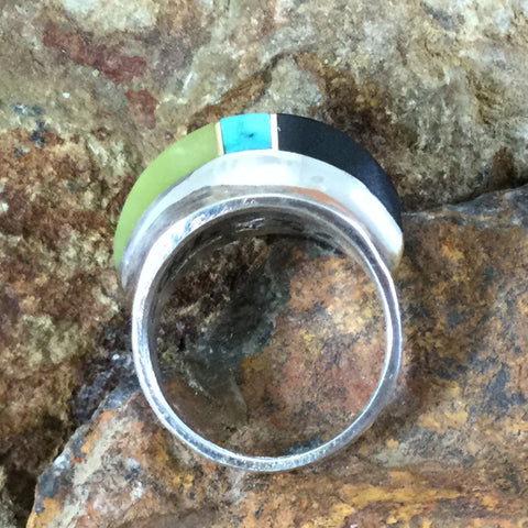 Black Jade, Turquoise & Lemon Quartz Inlaid Sterling Silver Ring by Duane Maktima