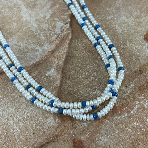 17" - 19" Three Strand Beaded Necklace w/ Pearls & Lapis by Artie Yellowhorse