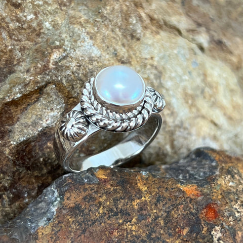 Pearl & Sterling Silver Ring by Artie Yellowhorse Size 6, 7, 8
