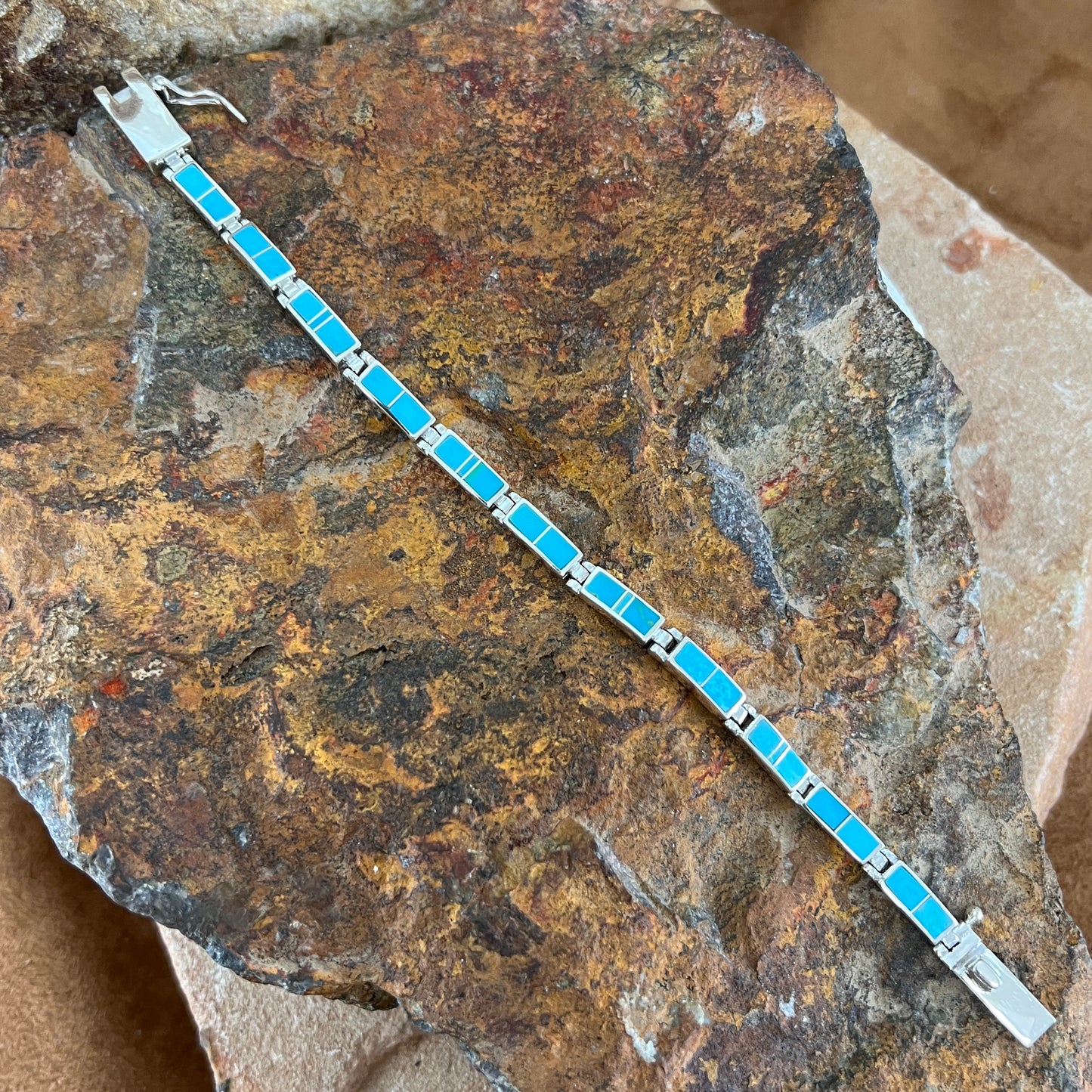 David Rosales Arizona Blue Inlaid Sterling Silver Big Link Bracelet