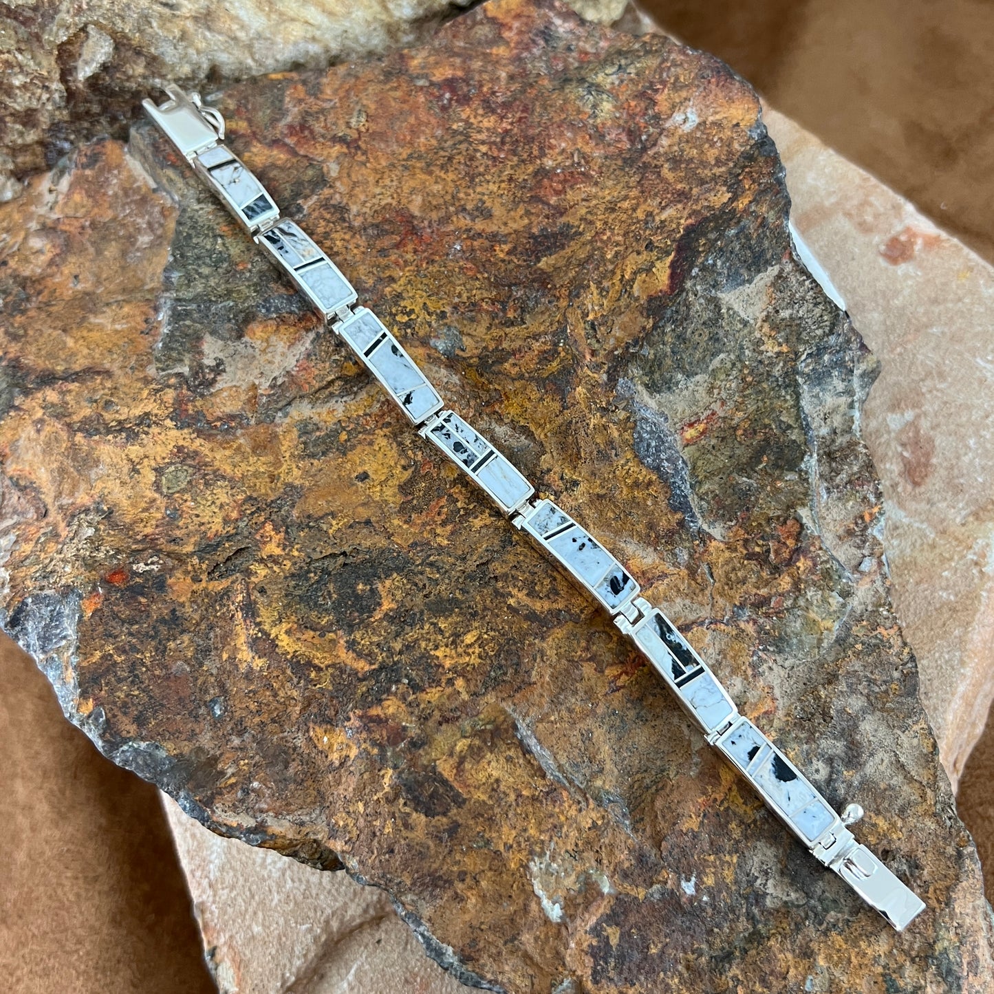 David Rosales White Buffalo Inlaid Sterling Silver Big Link Bracelet