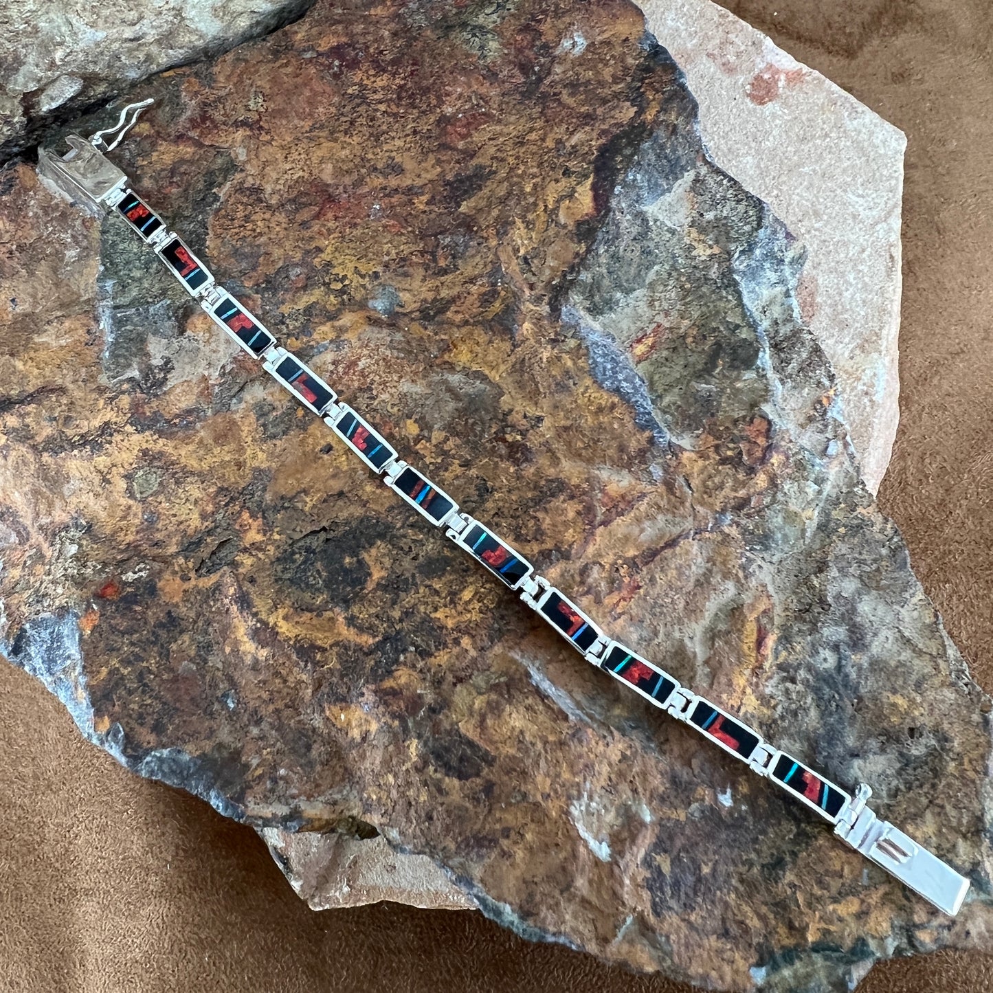 David Rosales Red Moon Inlaid Sterling Silver Link Bracelet
