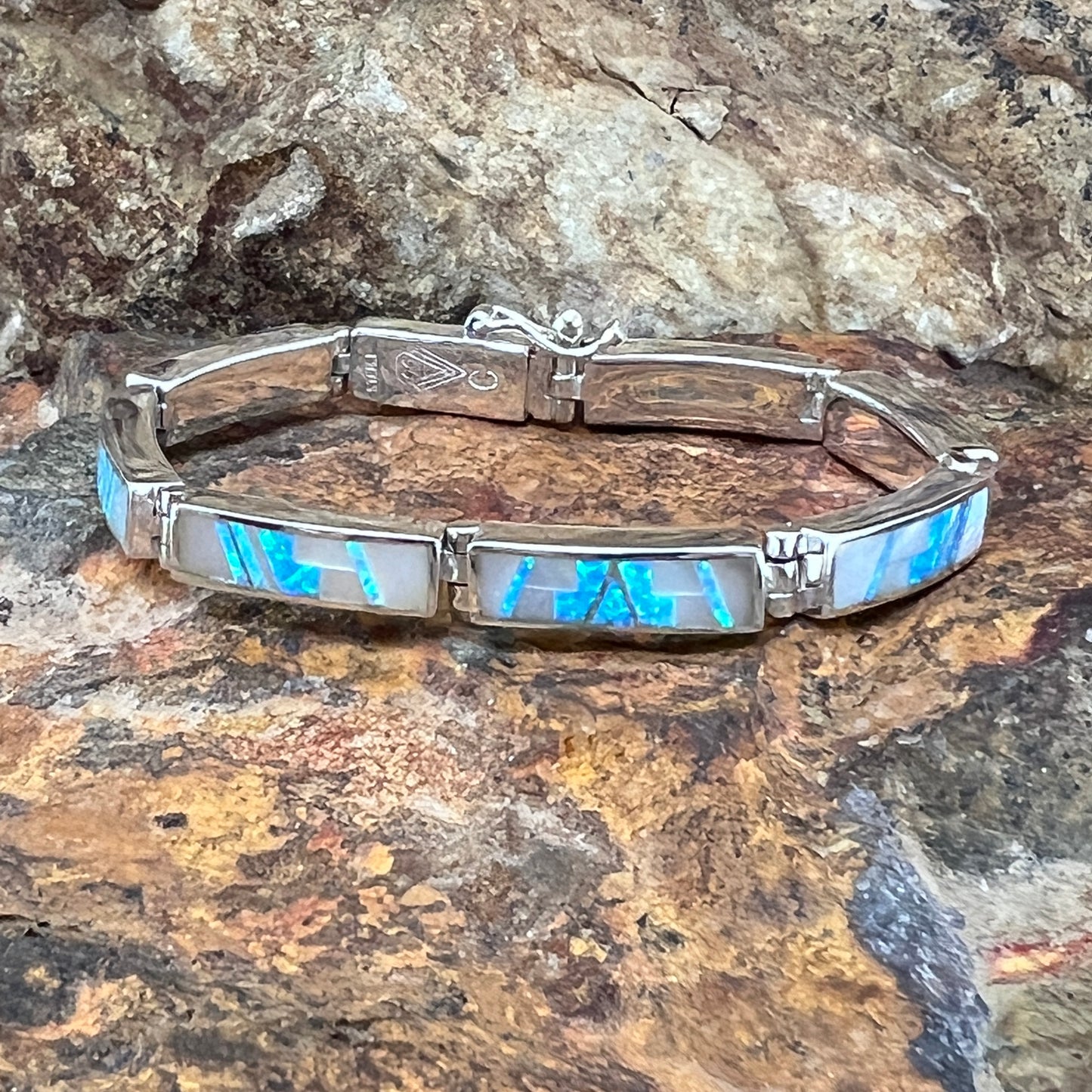 David Rosales Mystic Pearl Inlaid Sterling Silver Big Link Bracelet