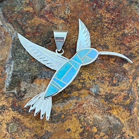 David Rosales Amazing Light Inlaid Sterling Silver Pendant Hummingbird