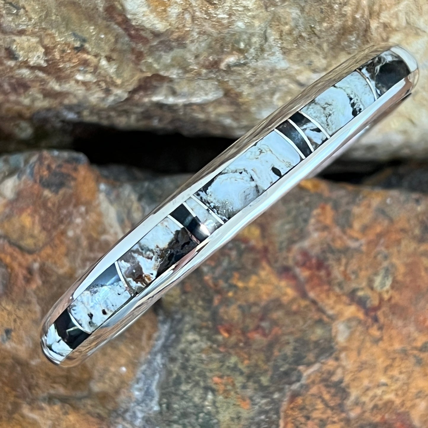 David Rosales White Buffalo Inlaid Sterling Silver Bracelet