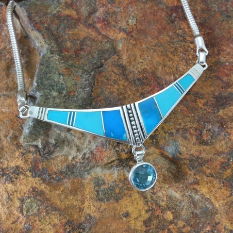 David Rosales Arizona Blue Inlaid Sterling Silver Necklace w/ Blue Topaz