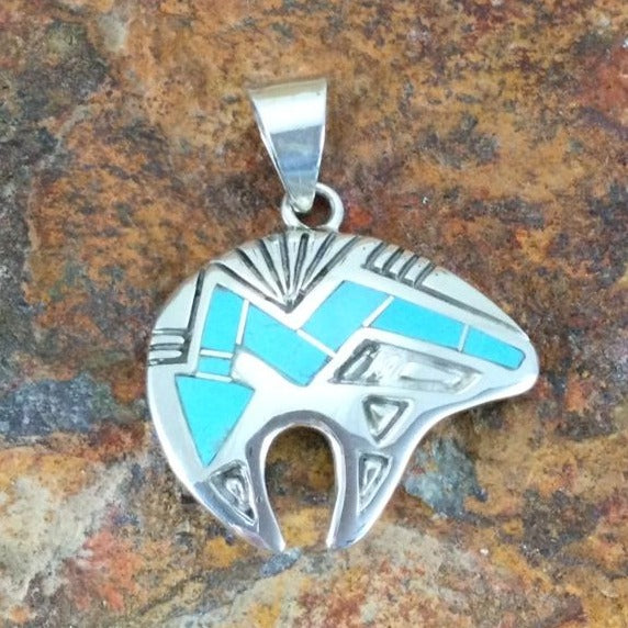 David Rosales Arizona Blue Inlaid Sterling Silver Pendant Bear