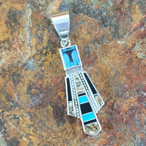 David Rosales Turquoise Creek Inlaid Sterling Silver Pendant w/ Blue Topaz