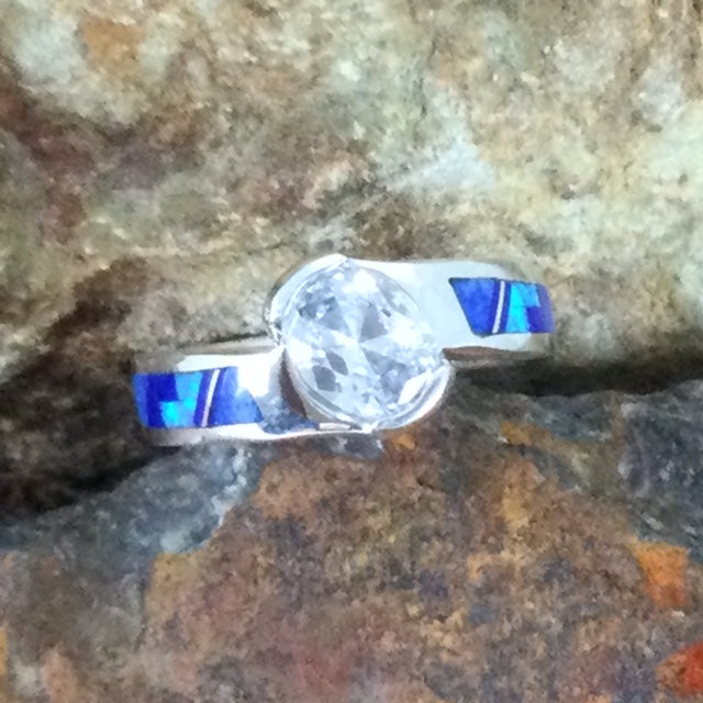 David Rosales Blue Sky Fancy Inlaid Sterling Silver Ring w/ Cubic Zirconia