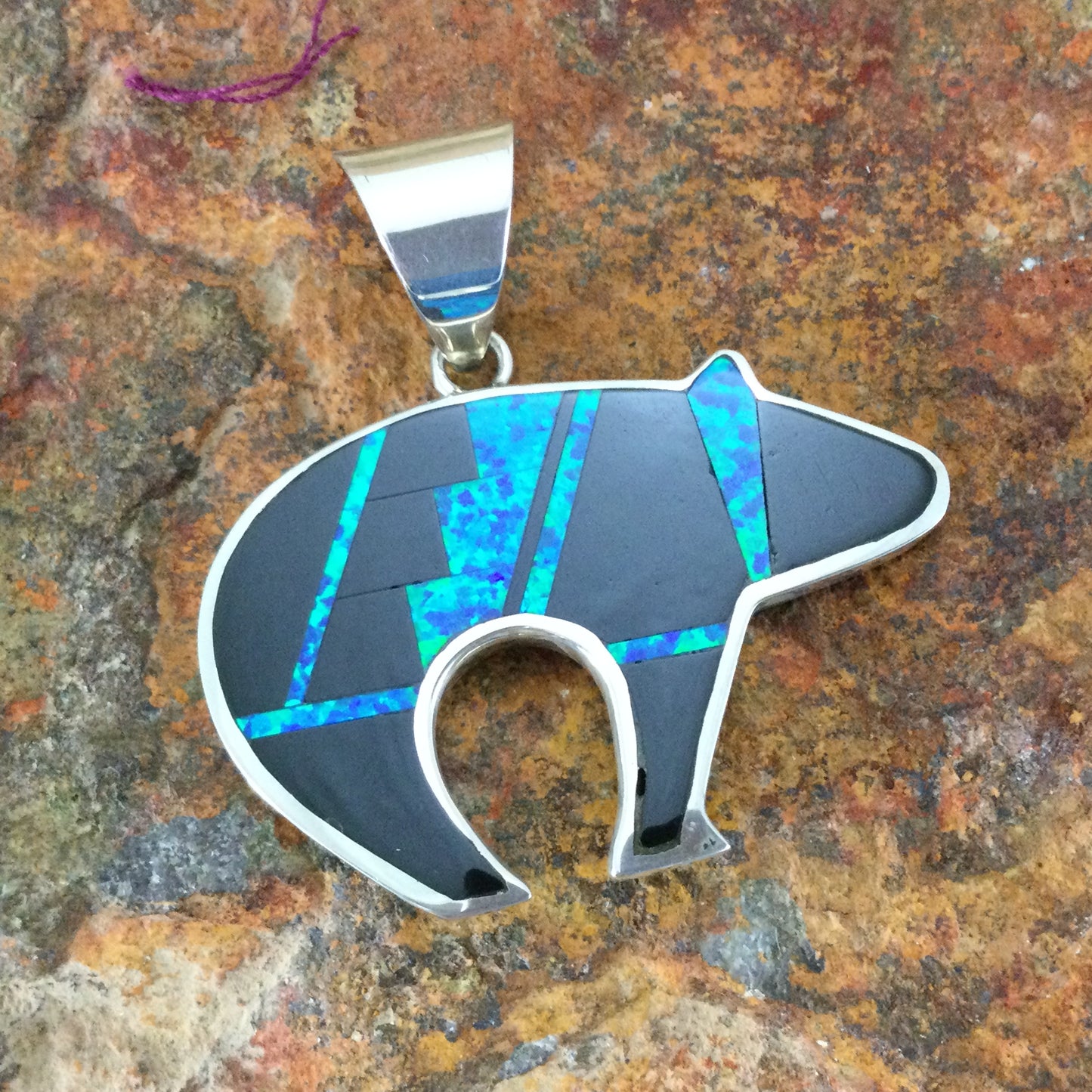 David Rosales Black Beauty Fancy Inlaid Sterling Silver Pendant Bear