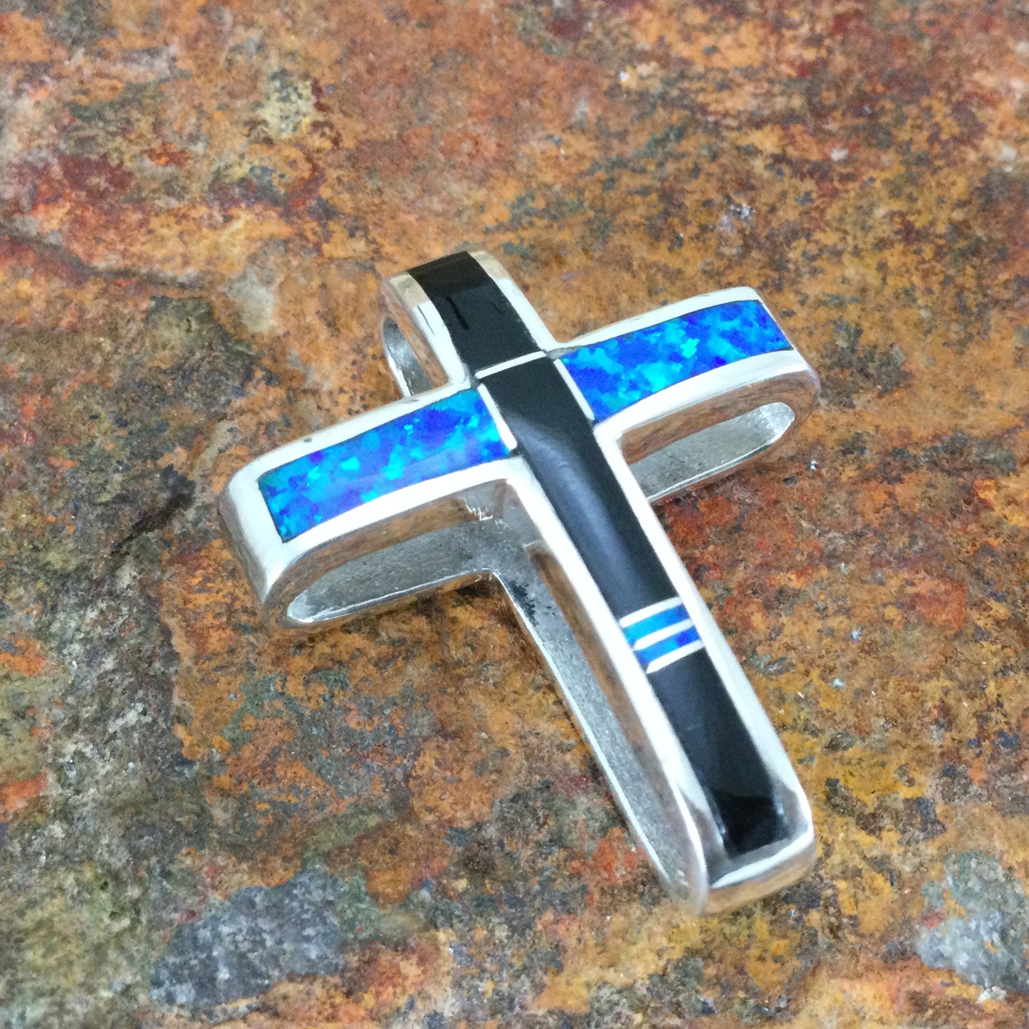 David Rosales Black Beauty Inlaid Sterling Silver Pendant Cross