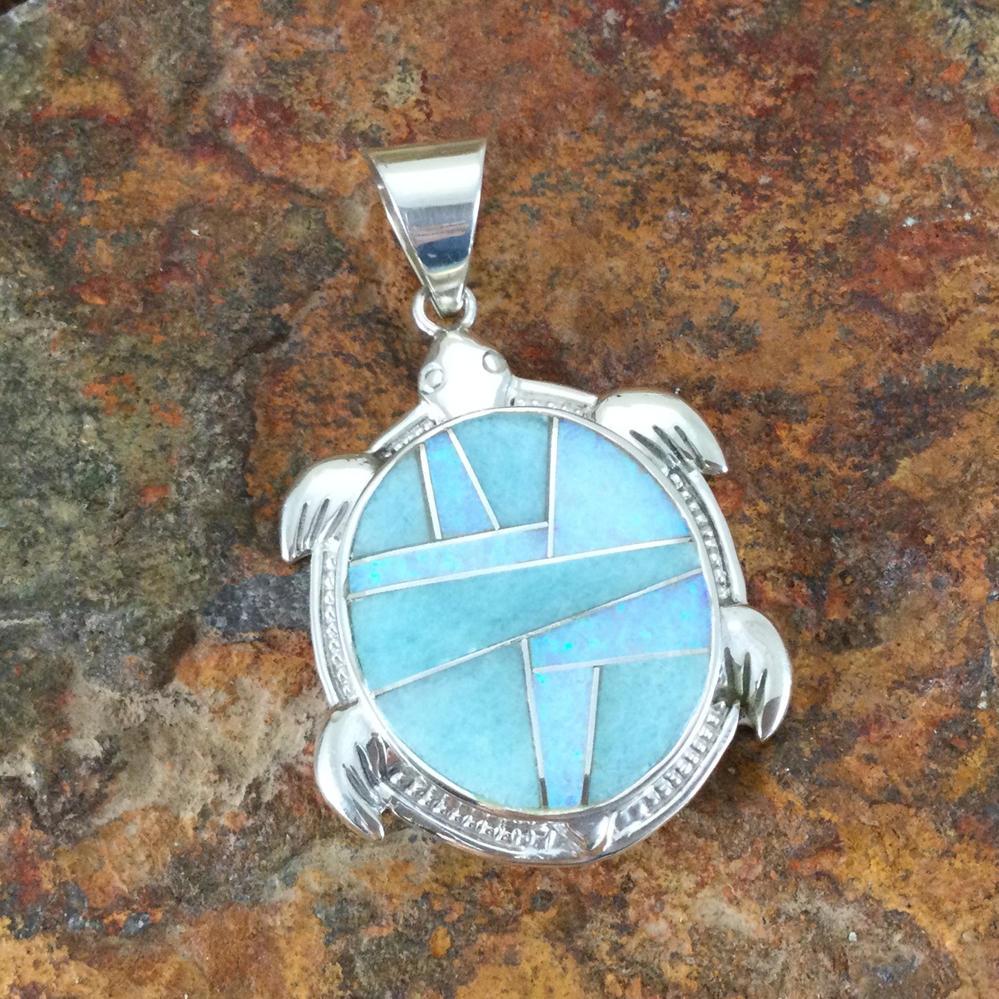 David Rosales Amazing Light Inlaid Sterling Silver Pendant Turtle