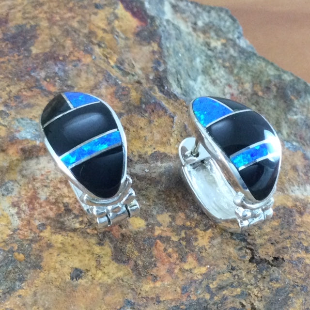 David Rosales Black Beauty Inlaid Sterling Silver Earrings Huggies