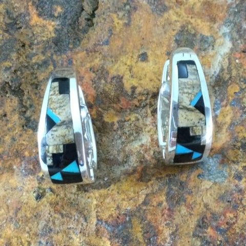 David Rosales Turquoise Creek Fancy Inlaid Sterling Silver Huggie Earrings