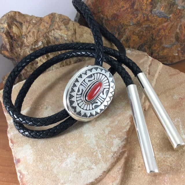 Red Coral Sterling Silver Leather Bolo Tie by Leonard Nez
