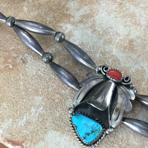 Vintage Turquoise & Red Coral Butterfly Squash Style Necklace- Estate Jewelry