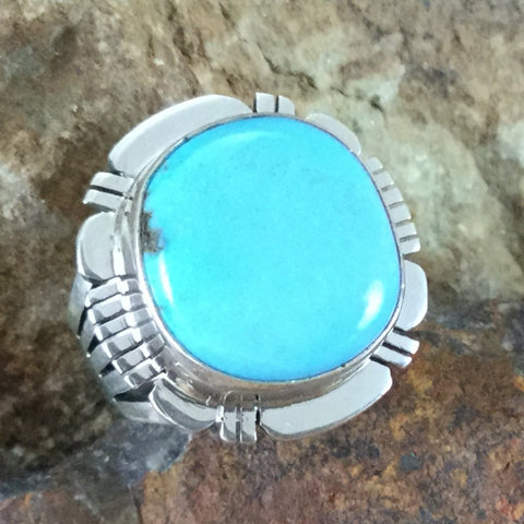 Kingman Turquoise Sterling Silver Ring by P Sanchez - Size 6.5