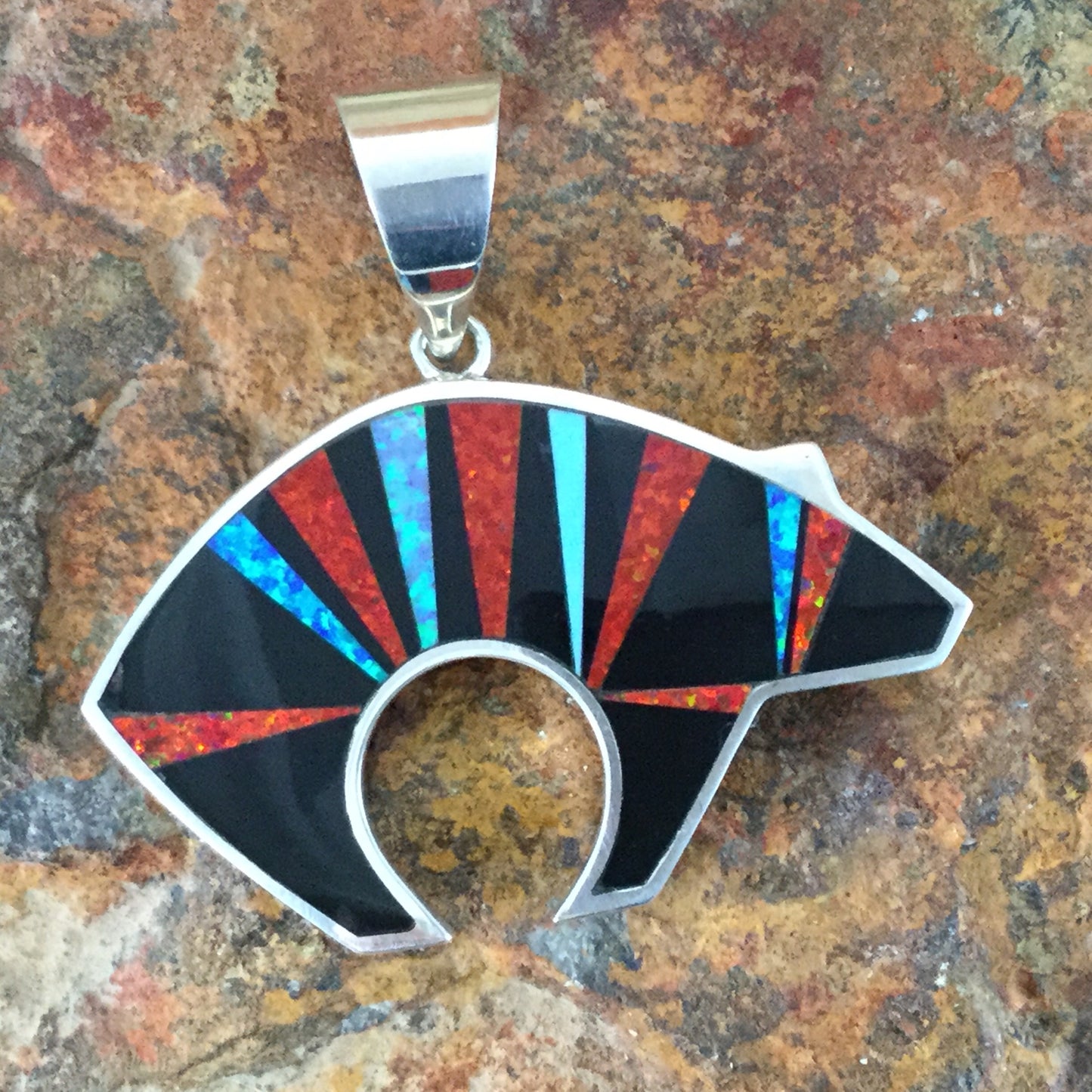 David Rosales Red Moon Inlaid Sterling Silver Pendant Bear