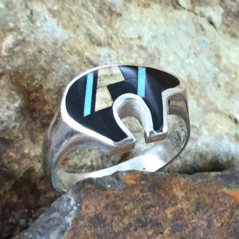 David Rosales Turquoise Creek Fancy Inlaid Sterling Silver Ring Bear