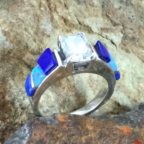 David Rosales Blue Sky Cobble Inlaid Sterling Silver Ring w/ Cubic Zirconia