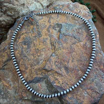 14" Single Strand Oxidized Sterling Silver Beaded Necklace 4mm