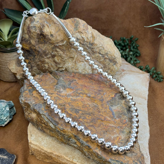 24" Single Strand Sterling Silver Navajo Pearls Beaded Necklace by Artie Yellowhorse