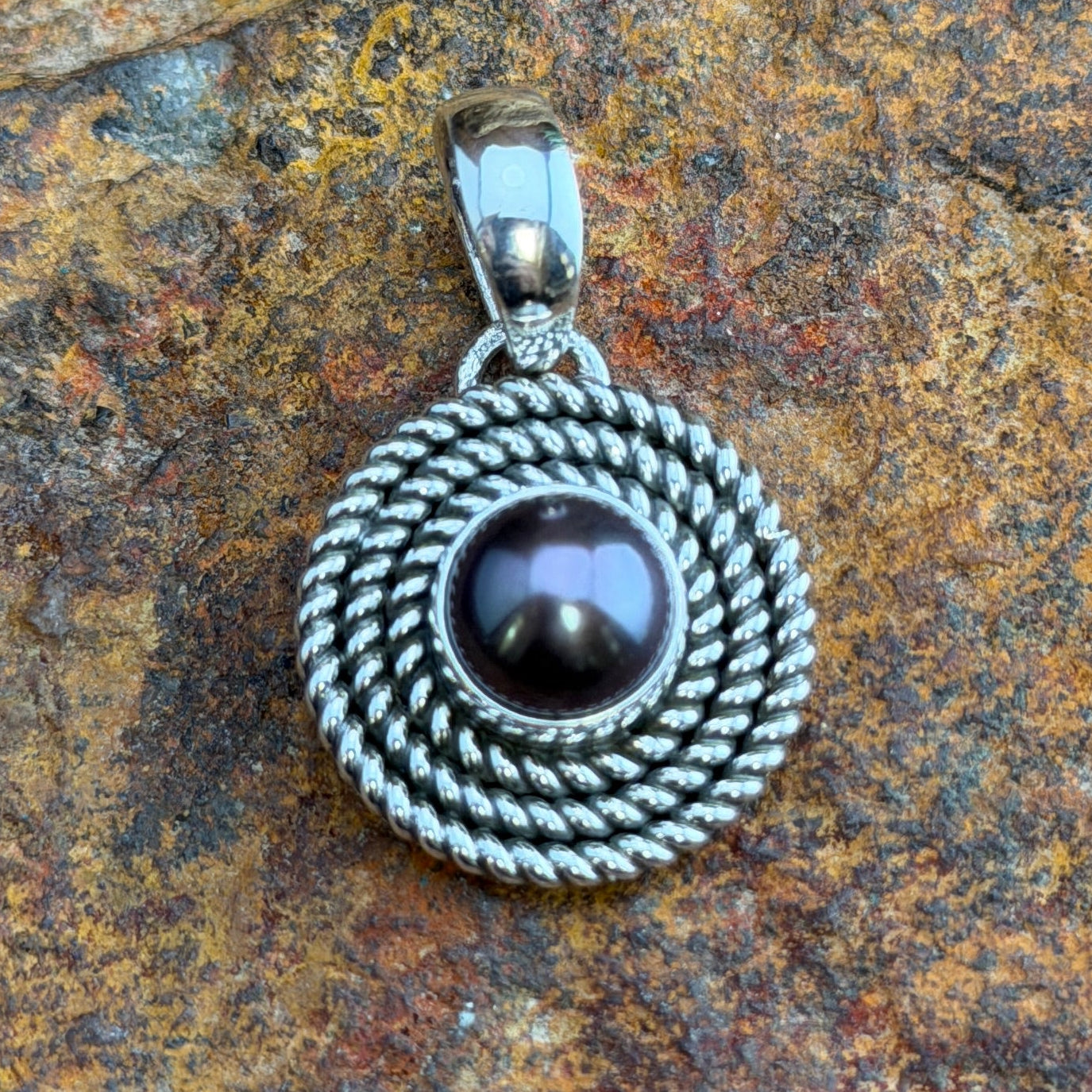 Sterling Silver Dark Grey Pearl Pendant by Artie Yellowhorse